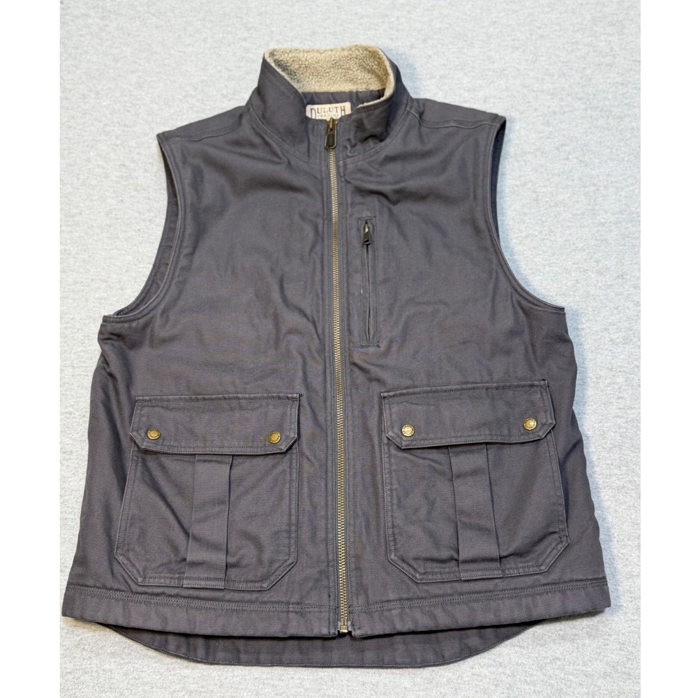 Duluth Trading Co Mens Large Gray Canvas Sherpa Lined Utility Workwear Vest